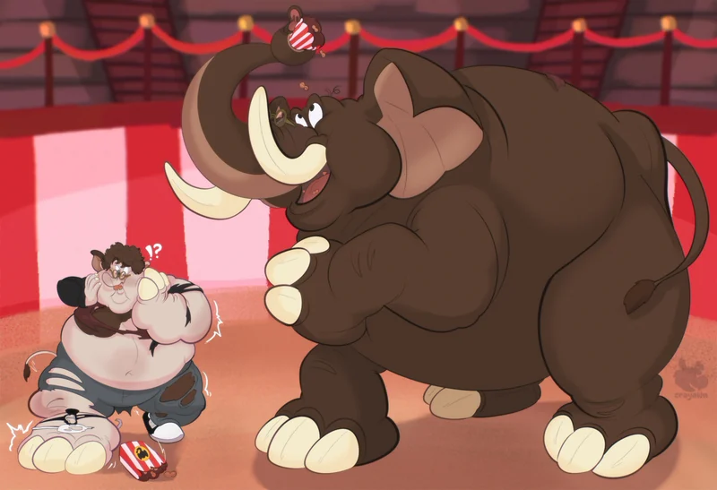 A mammoth and a surprised character at the circus