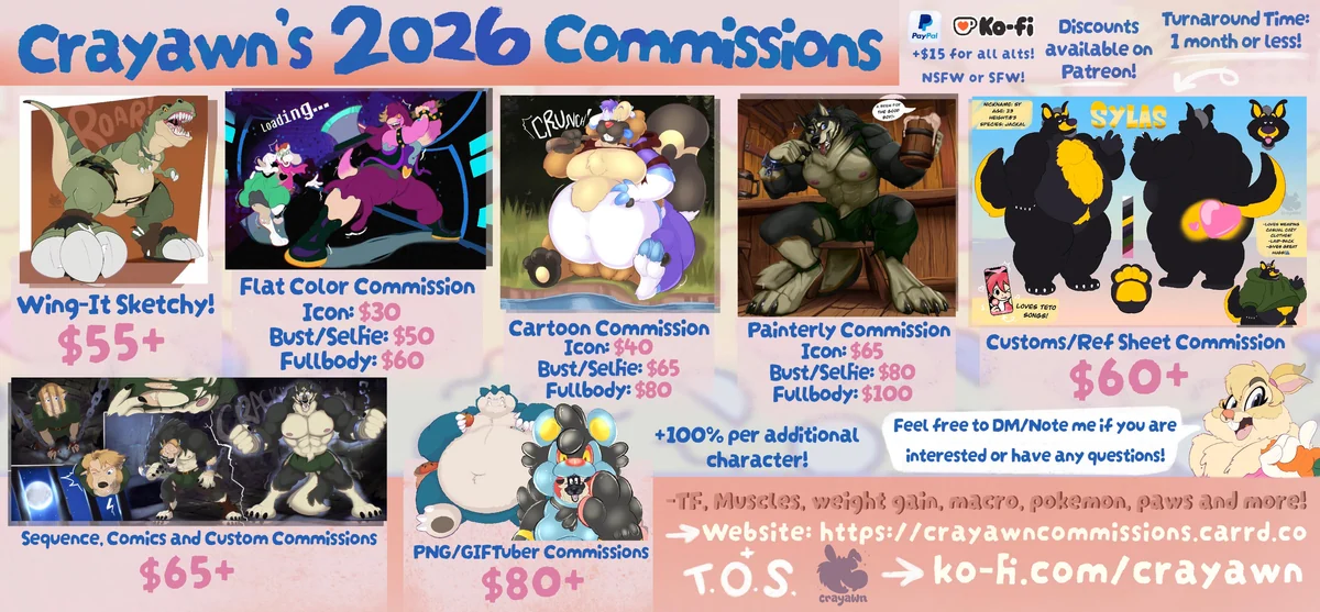 Crayawn’s 2026 commission price sheet, including standalone prices and alternate-version fees