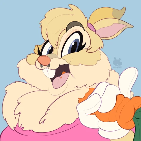 A cheerful golden rabbit holding a carrot, illustrated by Crayawn